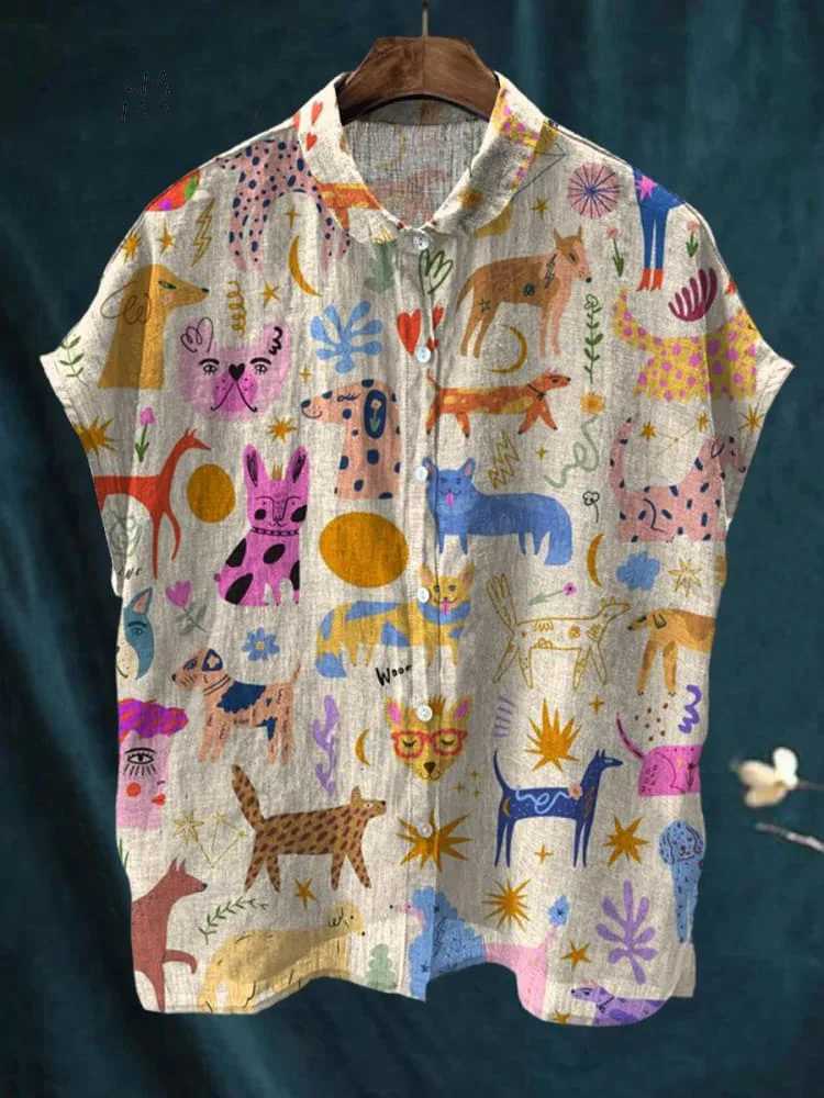 Women's Cute Animal Print Casual Cotton Linen Shirt