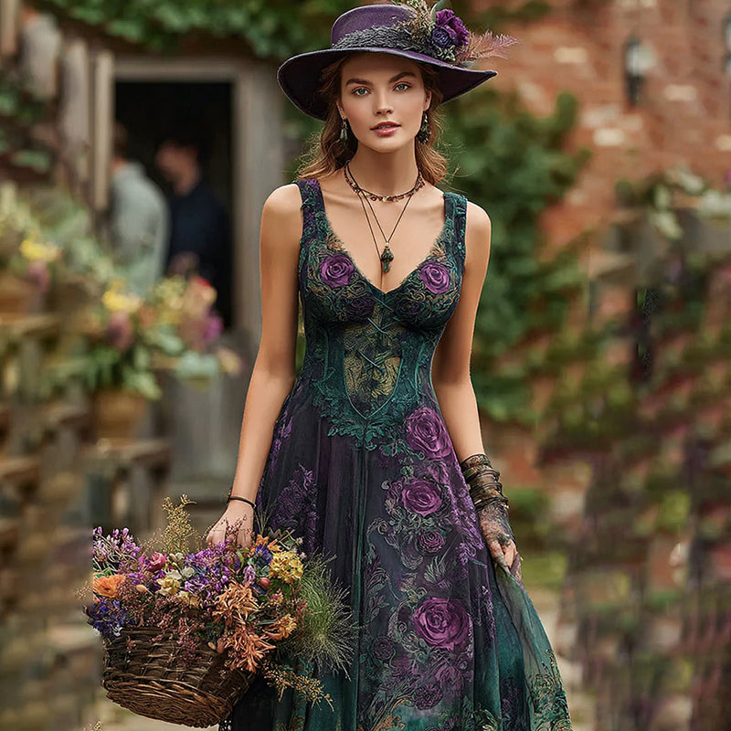 Women's Vintage Floral Embroidery Gradient Pattern Casual Maxi Dress artswardrobe