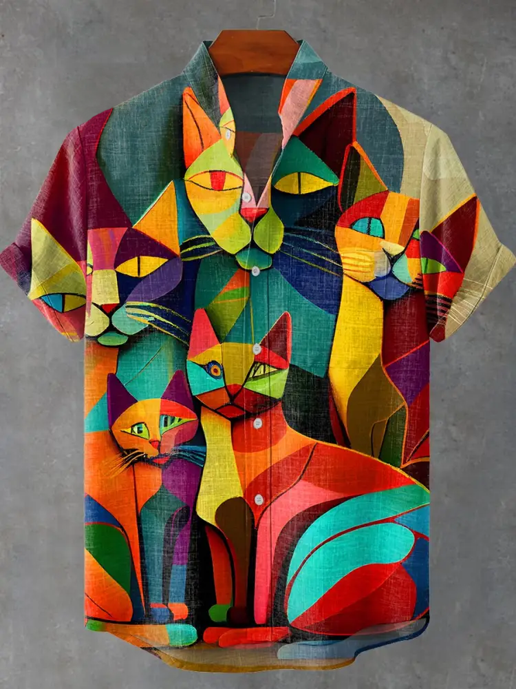 Vintage Cat Art Print Casual Shirt elevenforest