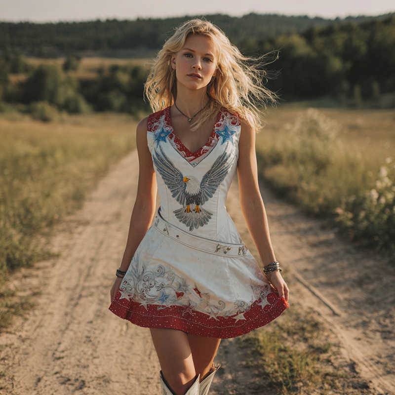 Women's Vintage Flag And Bald Eagle Embroidered Denim Skirt artswardrobe