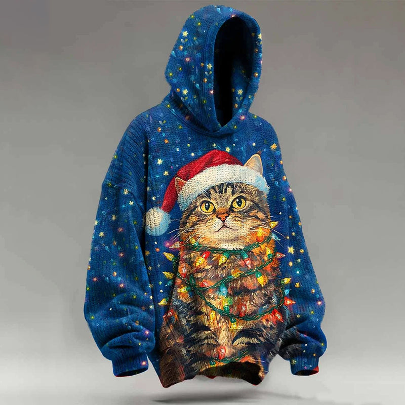 Comstylish Cute Christmas Cat Print Cozy Knit Hooded Sweater