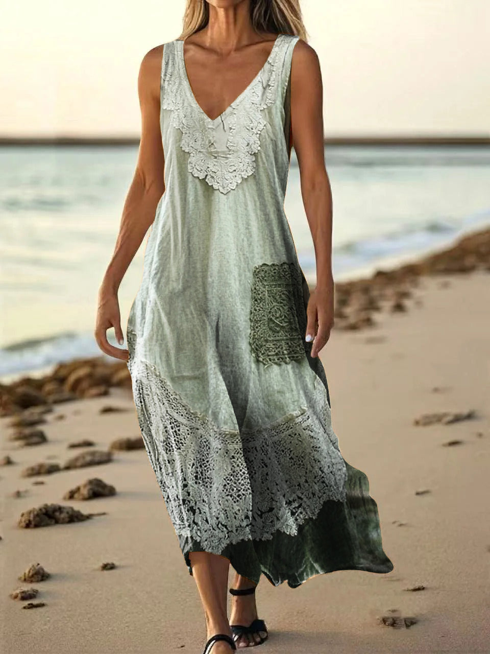 Women's Lace Colorblocking Pattern Art Print Pocket Cotton Dresses