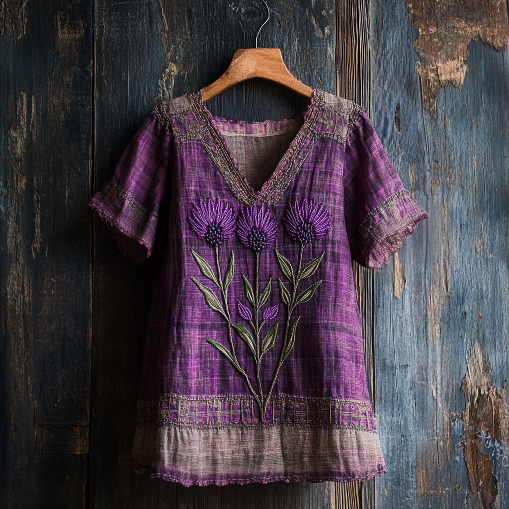 Women's Vintage Purple Thistle Check Art Cotton And Linen T-shirt artswardrobe