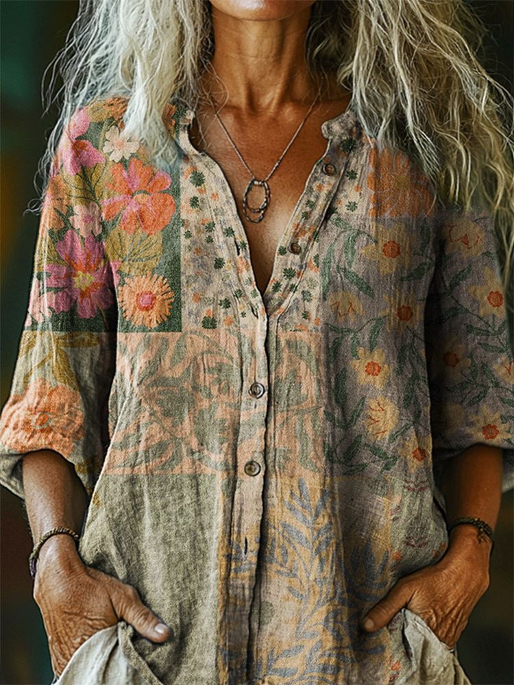 Women's Vintage Floral Patchwork Pattern Art Print Casual Cotton Linen