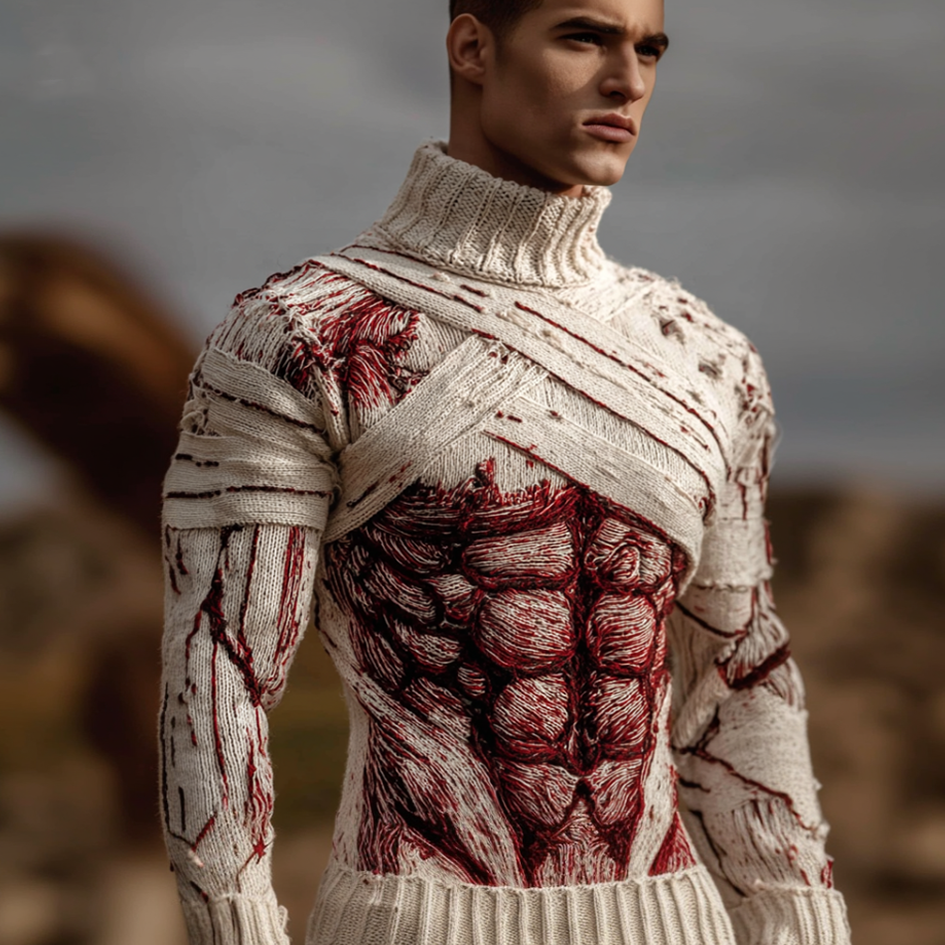 Men's Halloween Bloody Bandage High-collar Knit Sweater artswardrobe