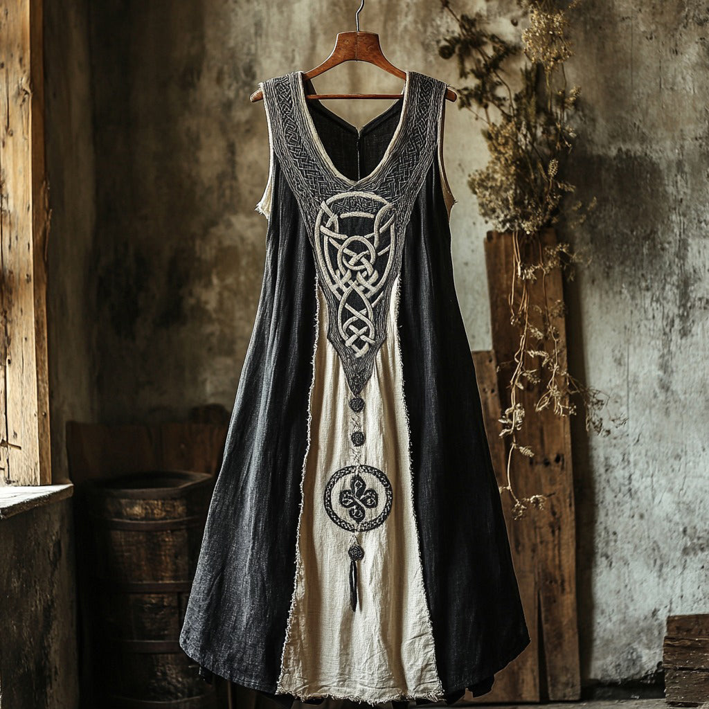 Tribal Celtic Embroidery Patchwork Art Linen Tank Dress artswardrobe