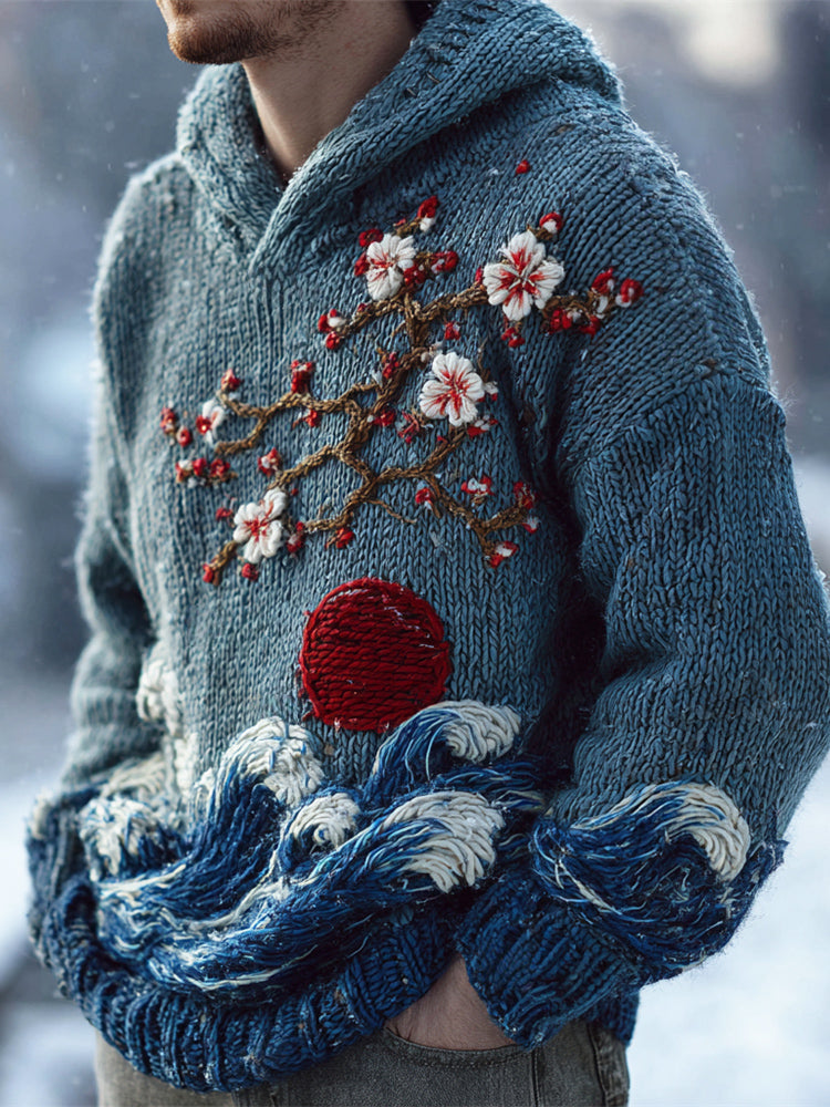 Japanese Plum & Red Sun Art Men's Hooded Sweater artswardrobe