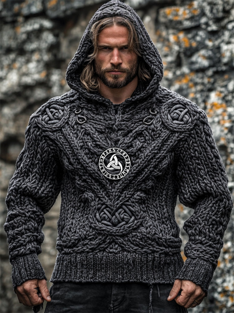 Men's Viking Symbol Embroidered Celtic Chunky Hooded Sweater artswardrobe