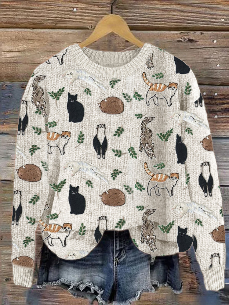 Cats & Leaves Embroidery Pattern Cozy Knit Sweater elevenforest