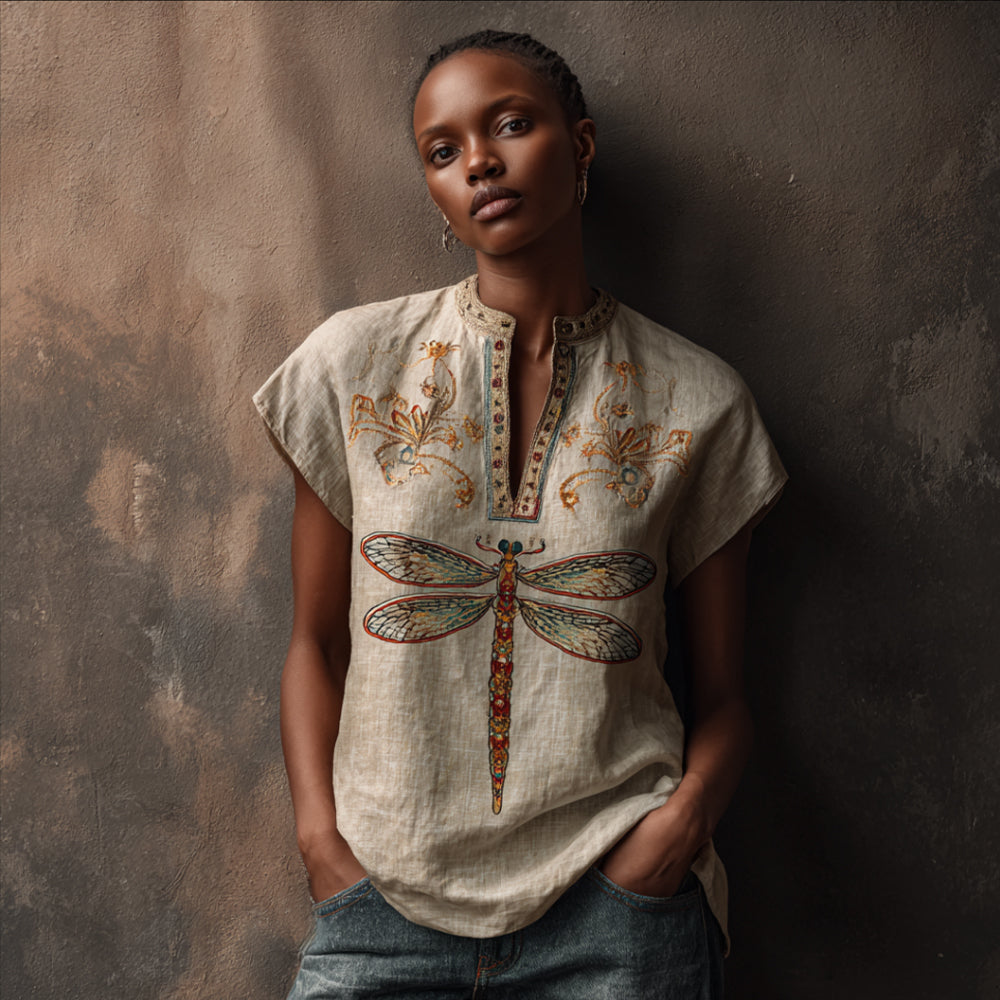 Dragonfly Pattern Vintage V-neck Short-sleeved Shirt artswardrobe