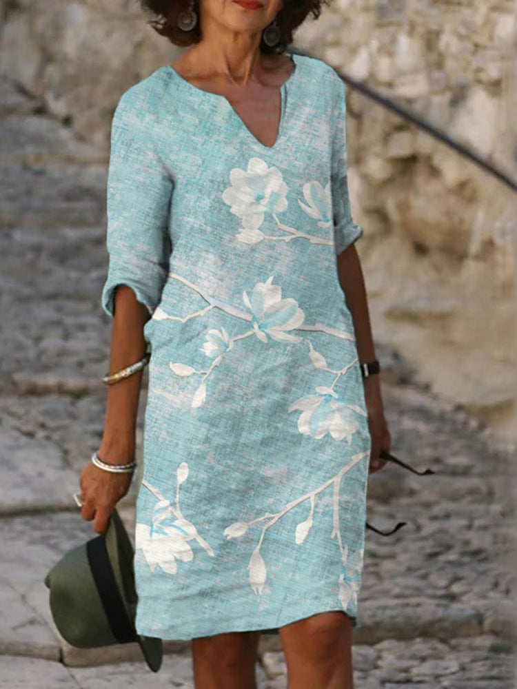 Women Vintage Floral Art Casual V Neck Midi Dress