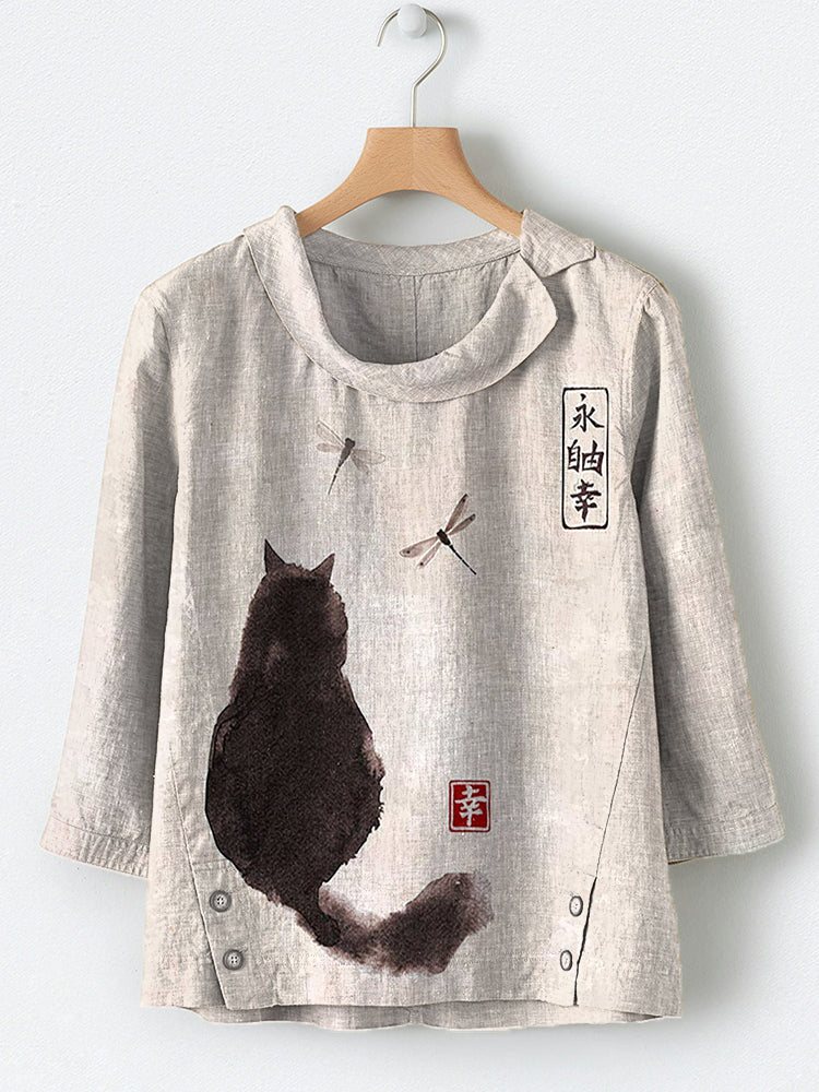 Japanese Art Black Cat Print Linen Blend Shirt elevenforest