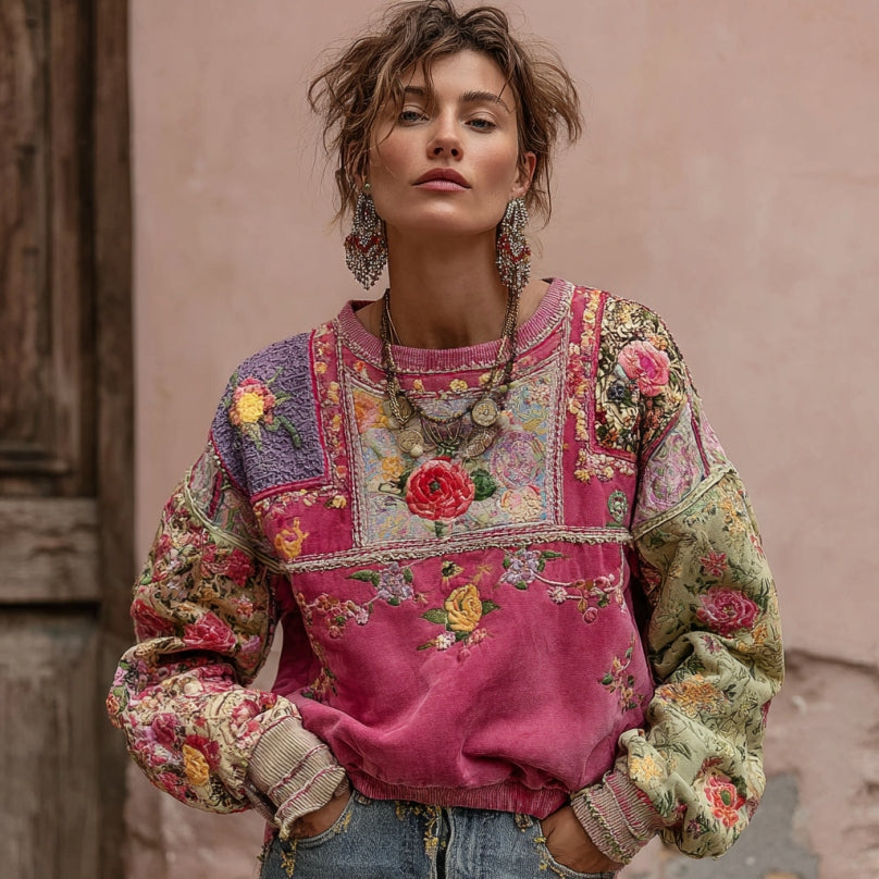 Comstylish Vintage Bohemian Floral Embroidery Patchwork Crew Neck Sweatshirt