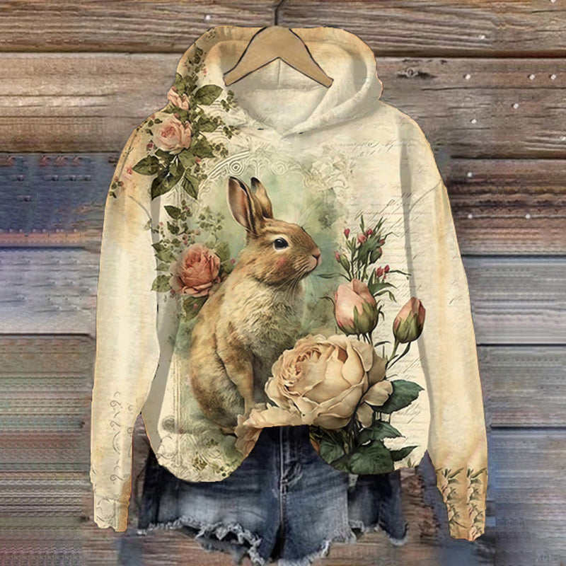Women Vintage Rabbit And Floral Printed Casual Sweatshirt artswardrobe