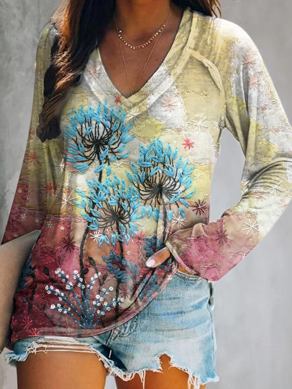 Women's Dandelion Art Print V-Neck Long Sleeve Top