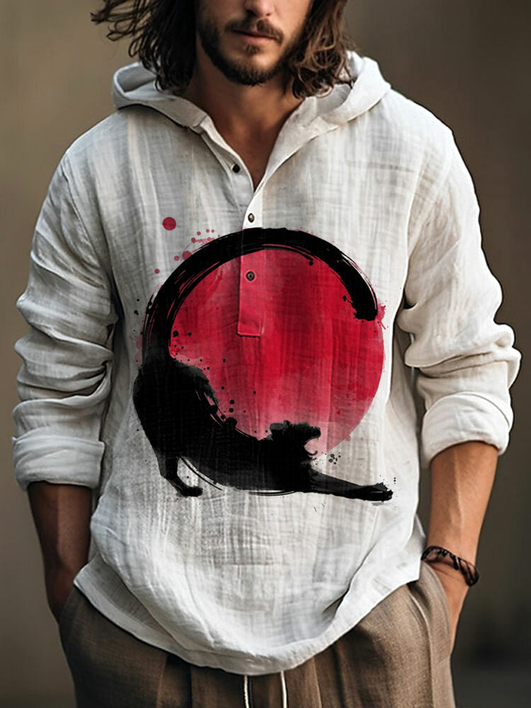 Sunrise And Cats Japanese Art Linen Blend Hoodie elevenforest