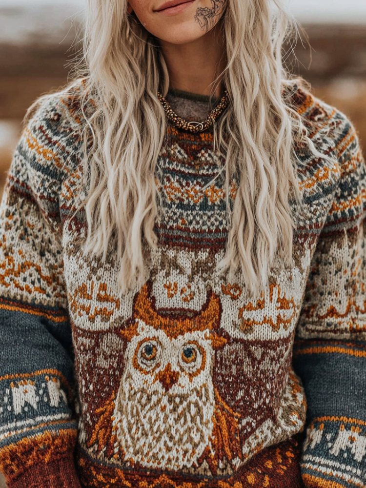 Fair Isle Style Elements Women's Round Neck Knit Sweater elevenforest