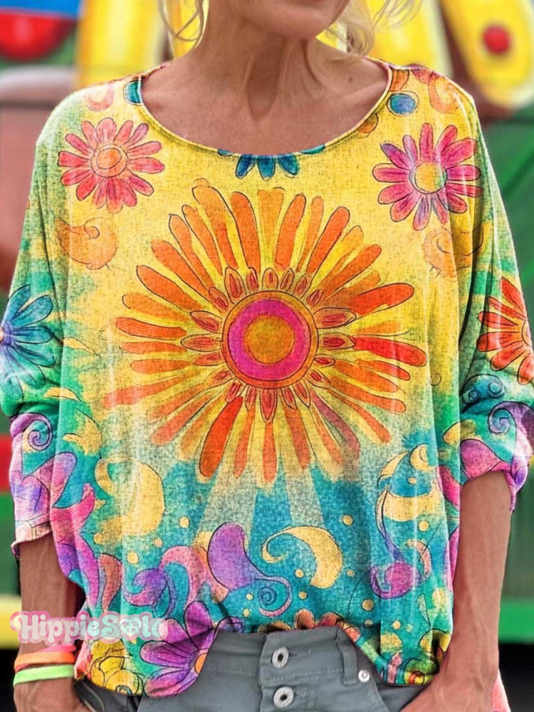 Colorful Flowers Art Print Casual Long Sleeve T-shirt
