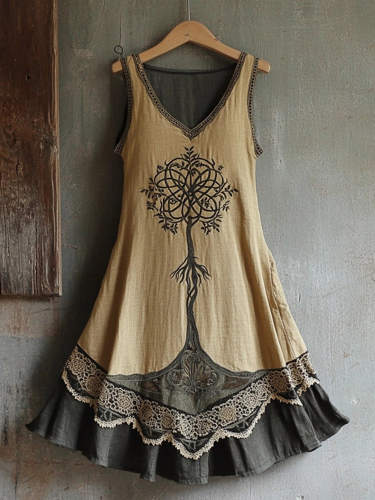 Viking Celtic Tree Of Life Patchwork Linen Tank Dress artswardrobe