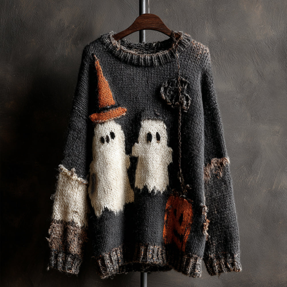 Halloween Ghost Embroidery Round-neck Sweater artswardrobe