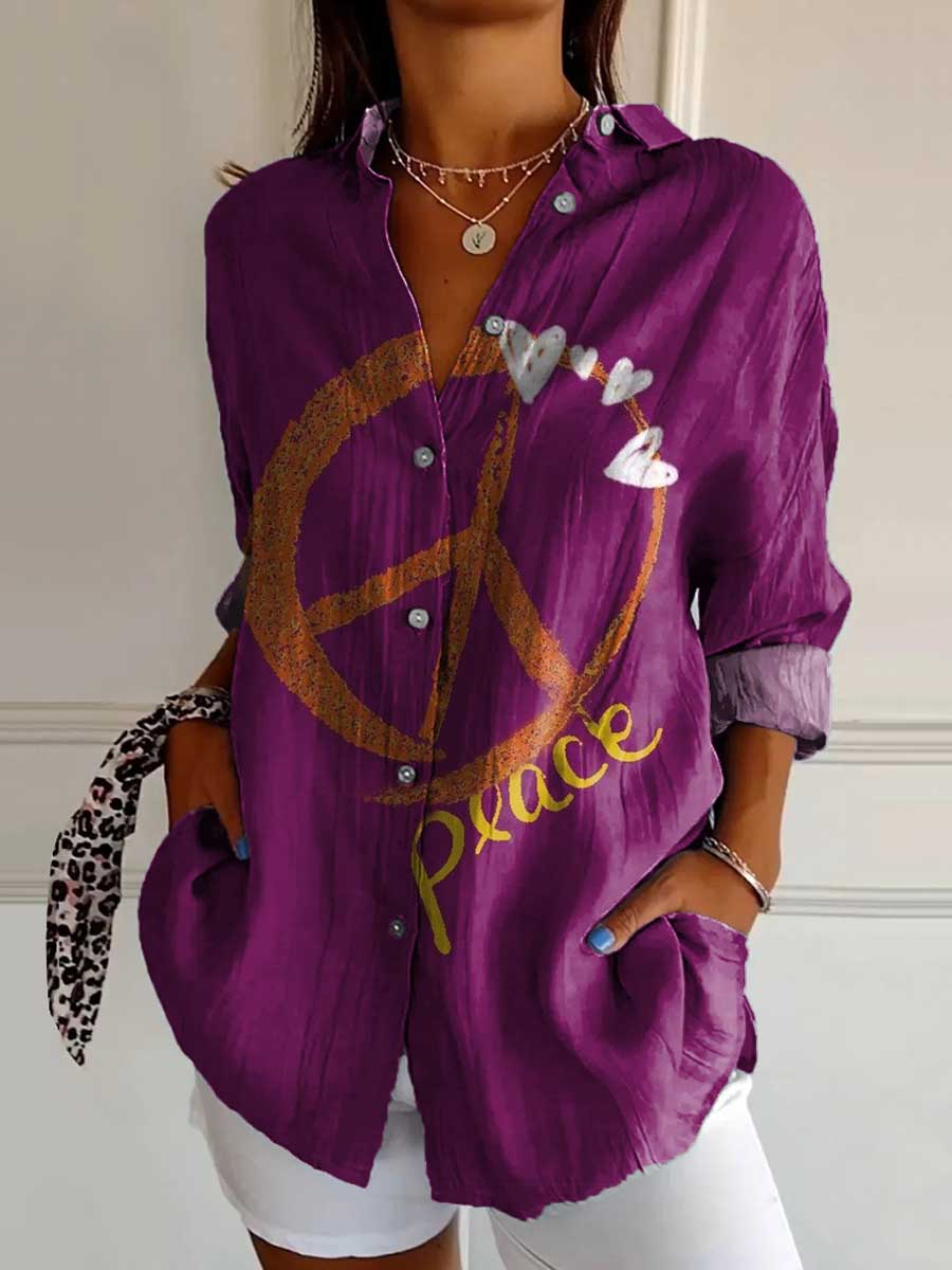Women's Love Peace Hippie Pattern Art Print Casual Cotton Shirt