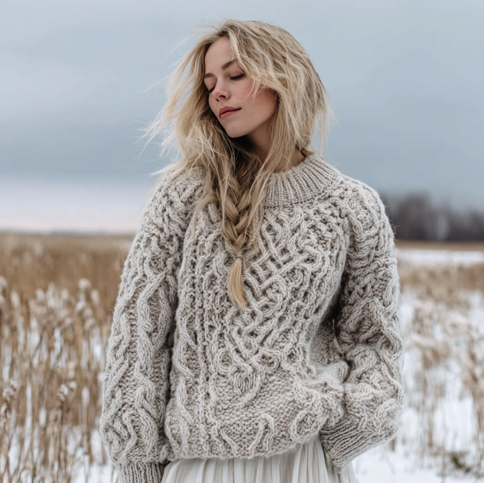 Fair Isle Style Ladies Round Neck Aran Sweater artswardrobe