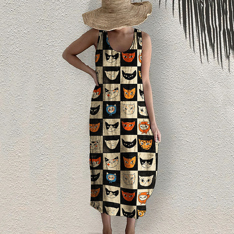 Vintage Abstract Geometric Cat Print Linen Blend Dress elevenforest