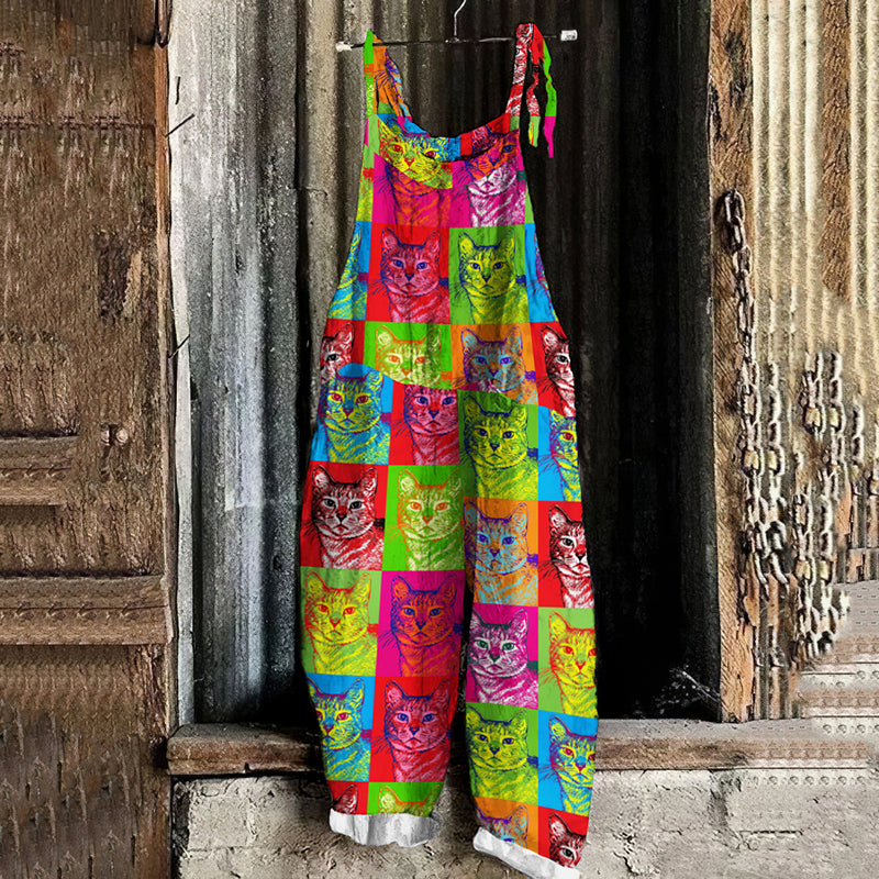 Women's Retro Oil Painting Pop Cat Jumpsuits elevenforest