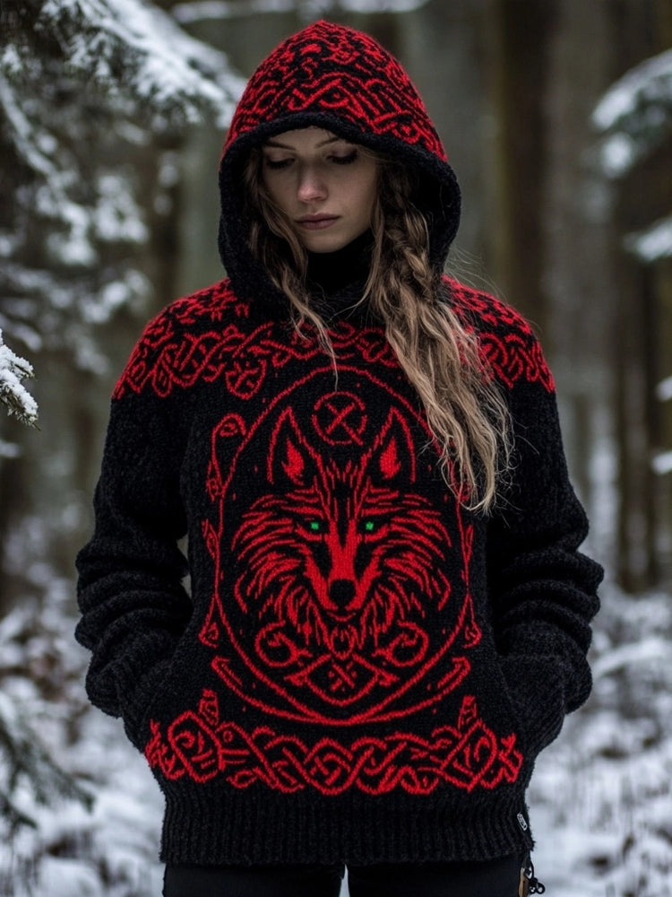 Viking Wolf Inspired Celtic Jacquard Cozy Hooded Sweater elevenforest