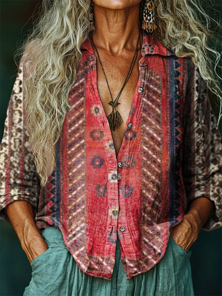 Women's Ethnic Tattoo Pattern Art Print Casual Cotton Shirt