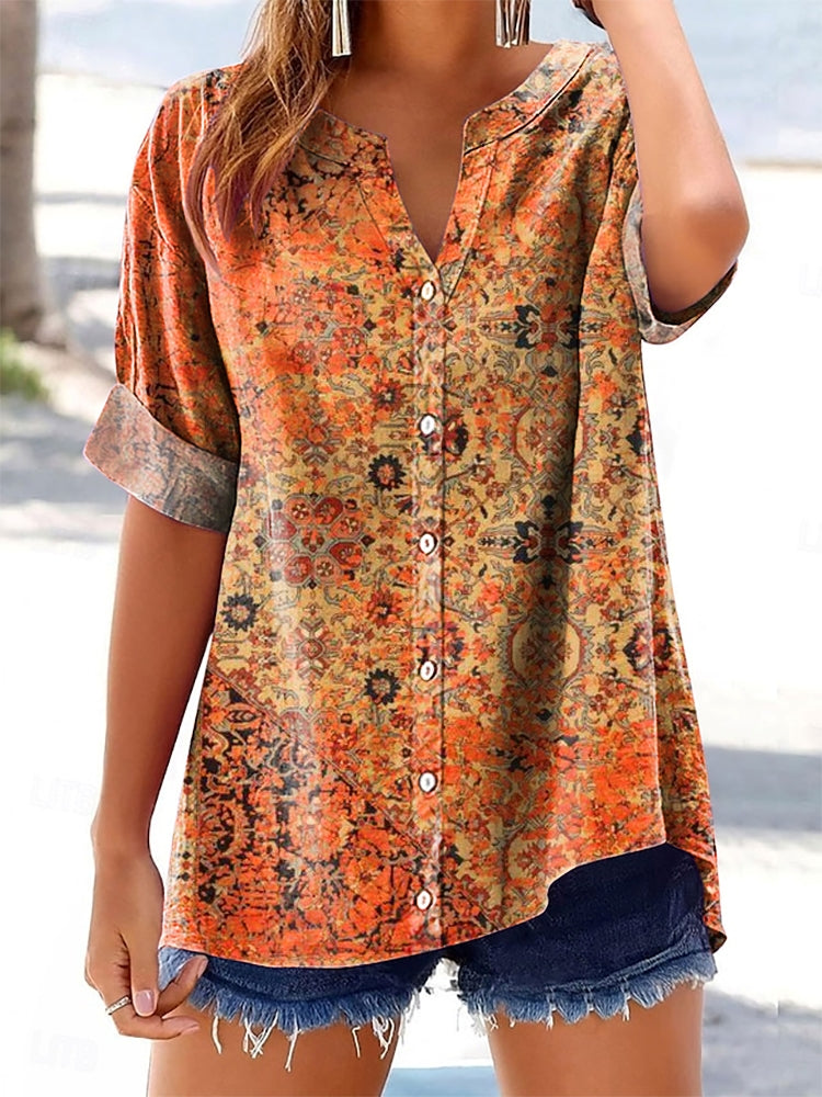 Women's Ethnic Totem Art Print Casual Cotton And Linen Short Sleeve Sh