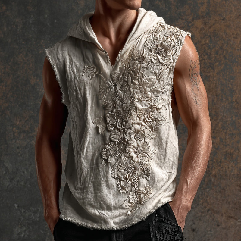 Men's Floral Lace Embroidered Vintage Hooded Linen Tank artswardrobe