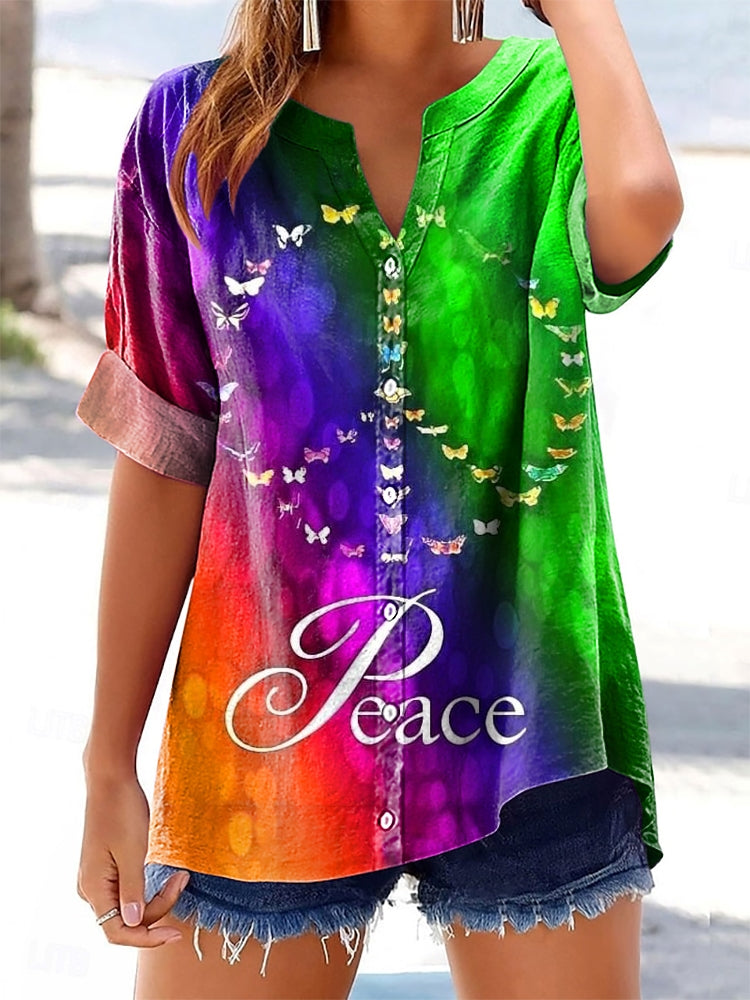 Women's Love Peace Hippie Pattern Art Print Cotton Linen Casual Shirt