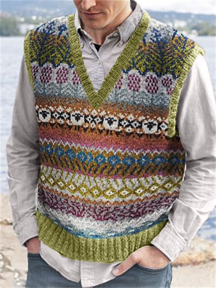 Men's Vintage Sheep Colorful V Neck Isle Knit Vest artswardrobe