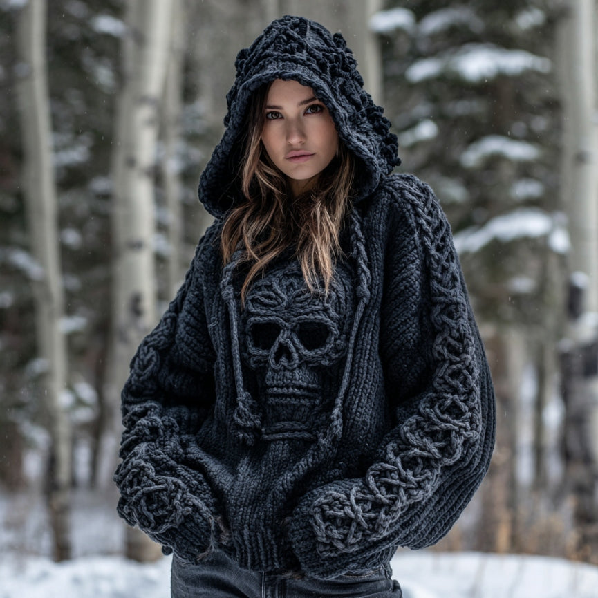 Women' Vintage Viking Tribal Celtic Skull Art Chunky Knit Hooded Sweater elevenforest
