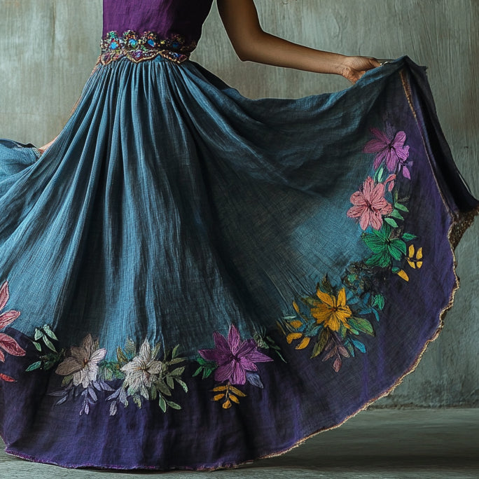 Vintage Floral Embroidered Pattern Art Linen Blend Skirt artswardrobe