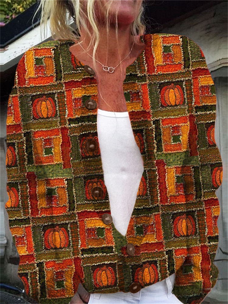 Women's Maple Leaf Pumpkin Fall Winter Sweater Cardigan artswardrobe