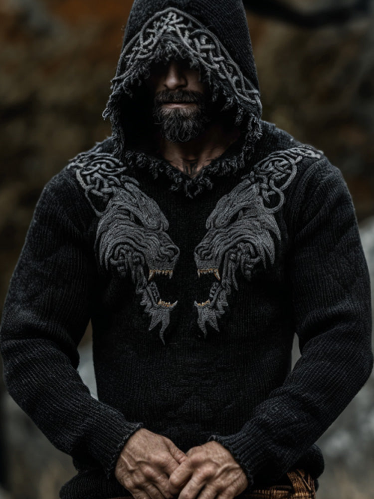 Men's Vintage Viking Wolf Embroidered Hooded Sweater artswardrobe