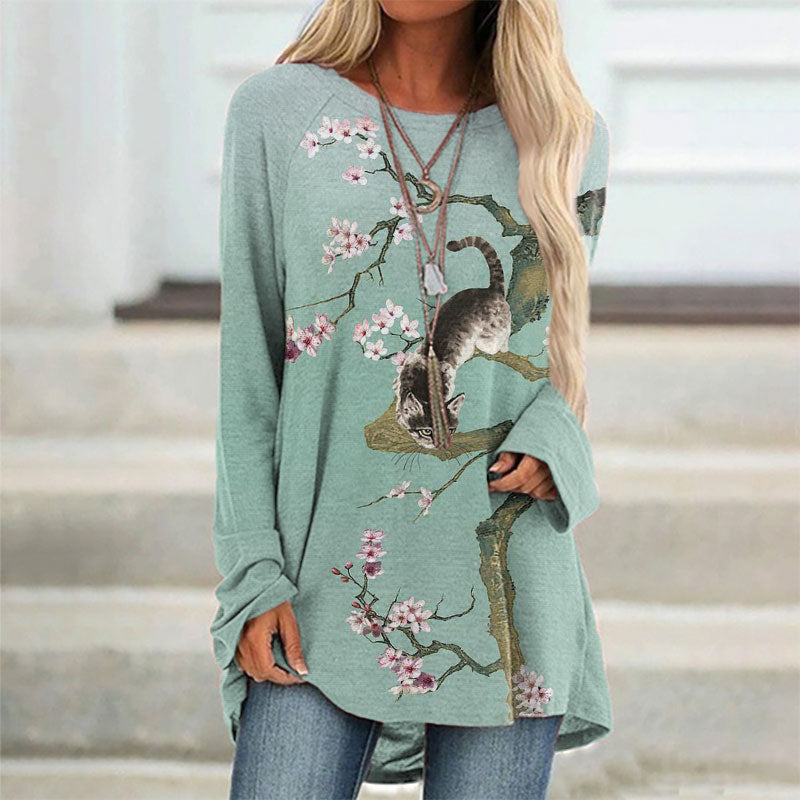Japanese Plum Cat Print Long Sleeve Tunic elevenforest
