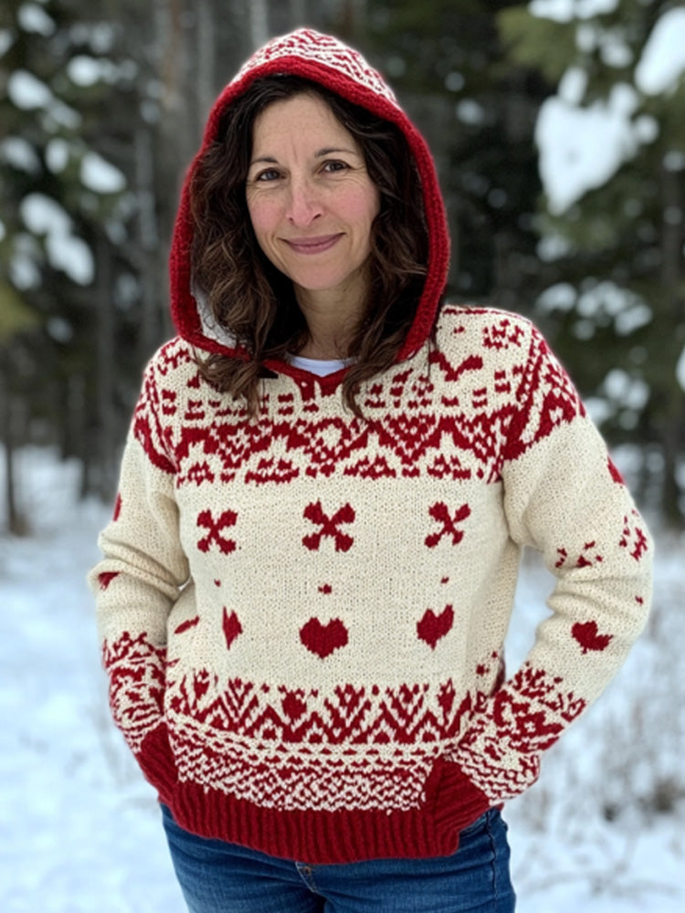 Women's Vintage Viking Valentine's Day Love Jacquard Hooded Sweater elevenforest