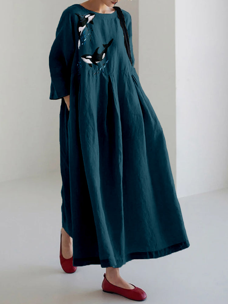 Whales Embroidery Art Vintage Linen Blend Maxi Dress