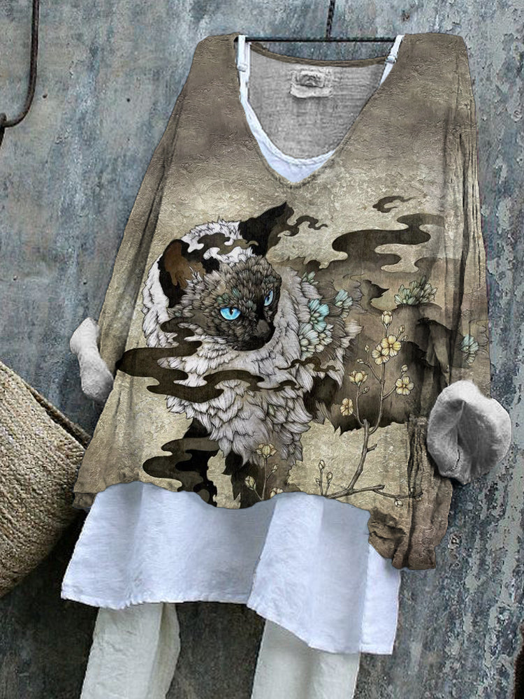 Vintage Cat Ink Print Flowy Tunic elevenforest