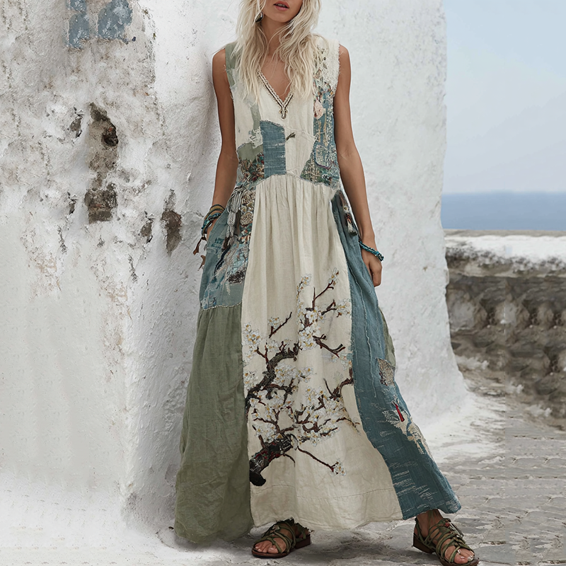 Vintage Cherry Blossoms Splicing Art Linen V Neck Long Dress artswardrobe