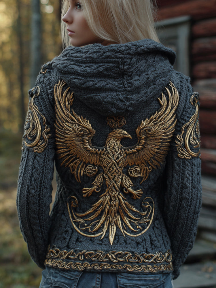 Women's Viking Golden Phoenix Embroidery Navy Blue Vintage Hooded Sweater artswardrobe