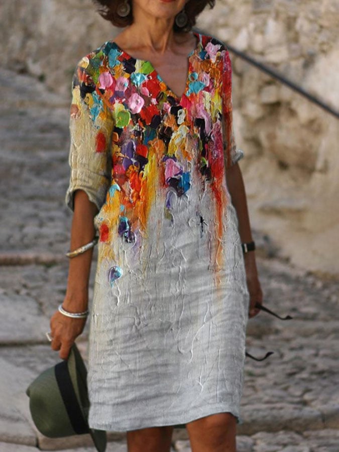 V Neck Casual Floral Oil Painting Print Dress