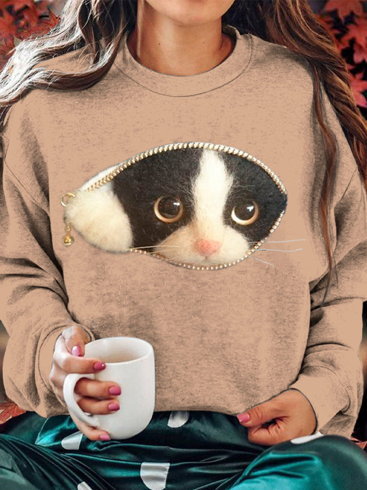 Comstylish Cute Felt Cat Women's Cozy Sweatshirt
