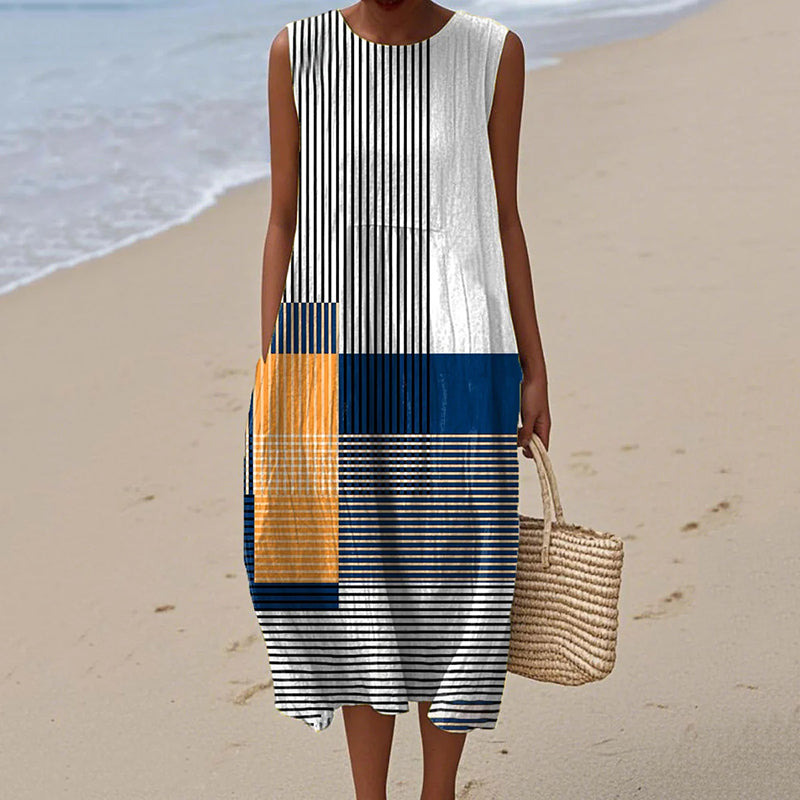 Women's Vintage Striped Art Print Linen Tank Dress artswardrobe