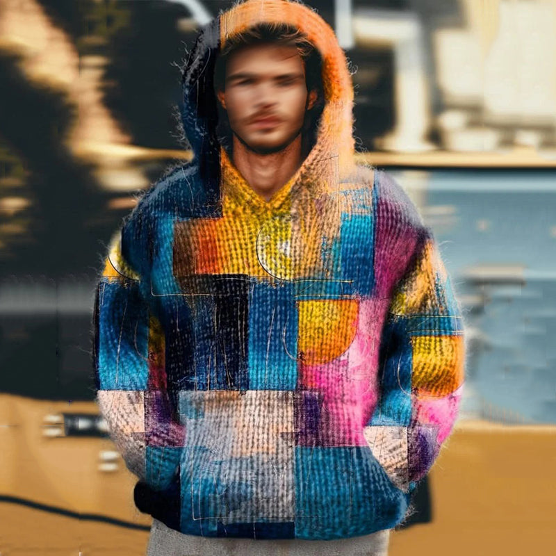 Men's Vintage Retro Geometric Color Block Knitted Hooded Sweater artswardrobe