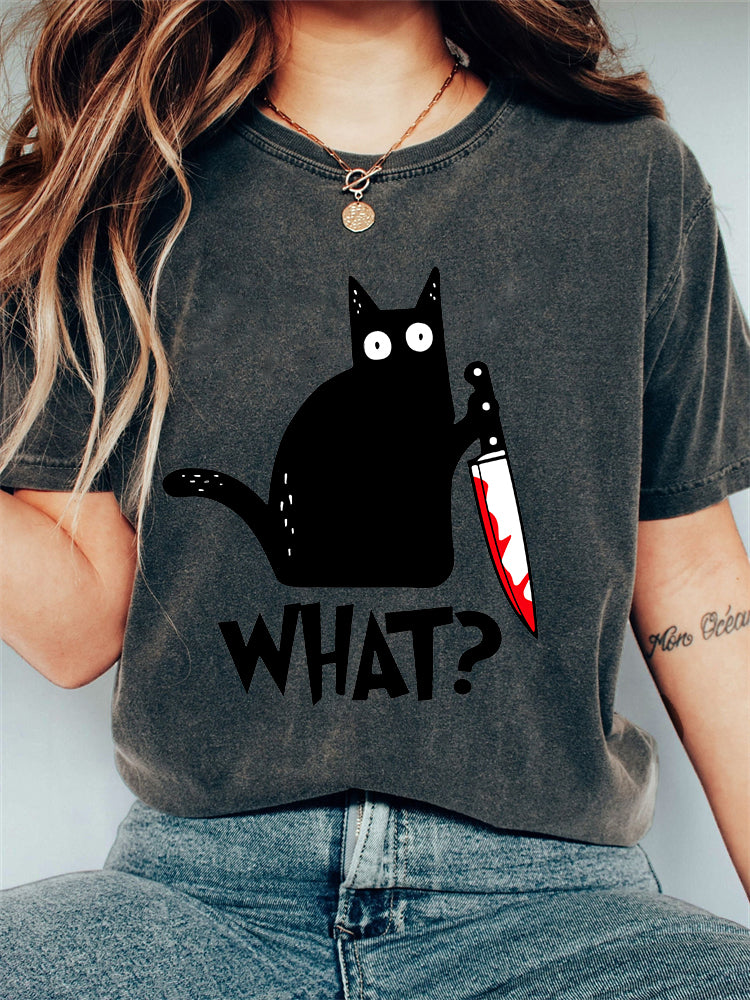 Black Cat with Bloody Knife Vintage Washed T Shirt elevenforest