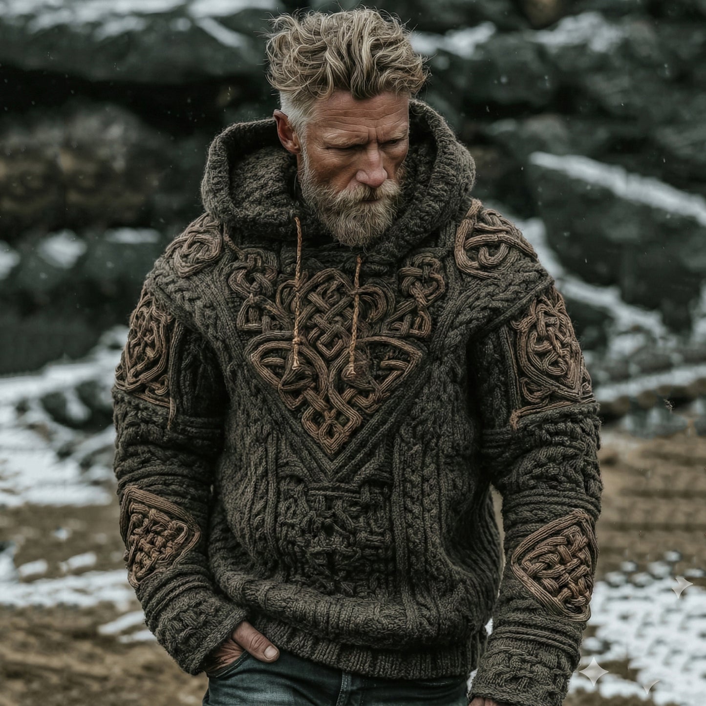 Men's Viking Tribal Celtic Knot Jacquard Knitted Hooded Sweater elevenforest